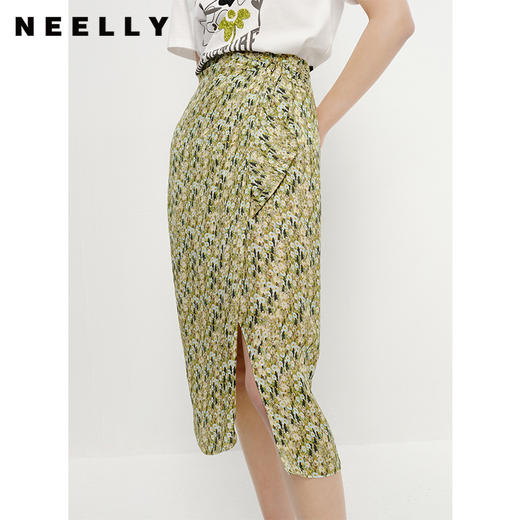 NEELLY纳俪商场同款夏季高腰碎花半身裙女中长款包臀前开叉一步裙N23051E01131 商品图1