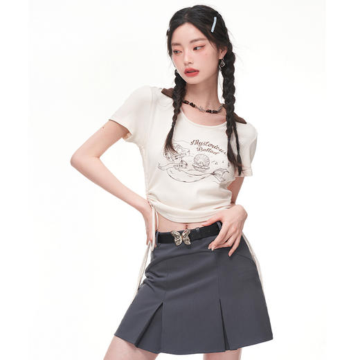西遇美式T恤女2023年夏季新款修身显瘦纯欲抽绳短款辣妹正肩上衣D0830403 商品图4