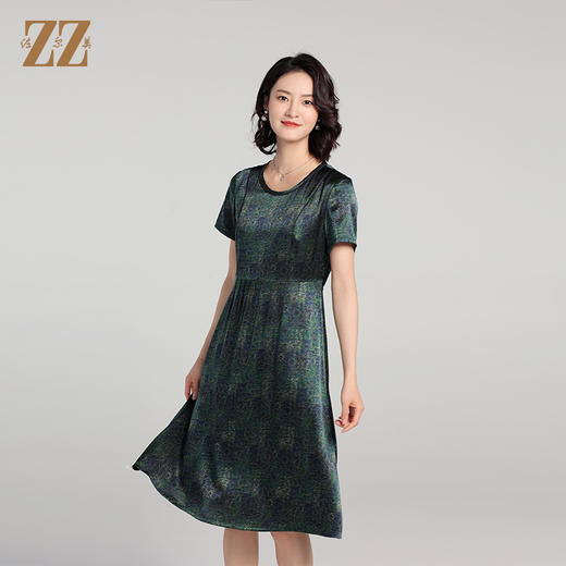 夏季新款 弹力缎印花桑蚕丝真丝短袖连衣裙女E22LS84 商品图3