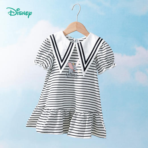 【商场同款】迪士尼童装女童短袖连衣裙洋气中大童条纹荷叶边翻尖领小飞象裙子 商品图5