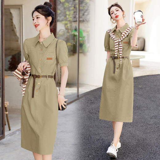 披肩配腰带，休闲衬衣领连衣裙HR-LJNA9821 商品图3