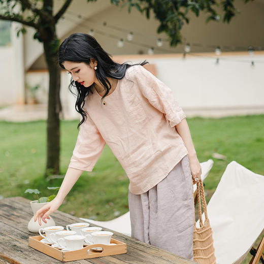 绽放246朵/多色亚麻口袋设计文艺小衫 商品图1