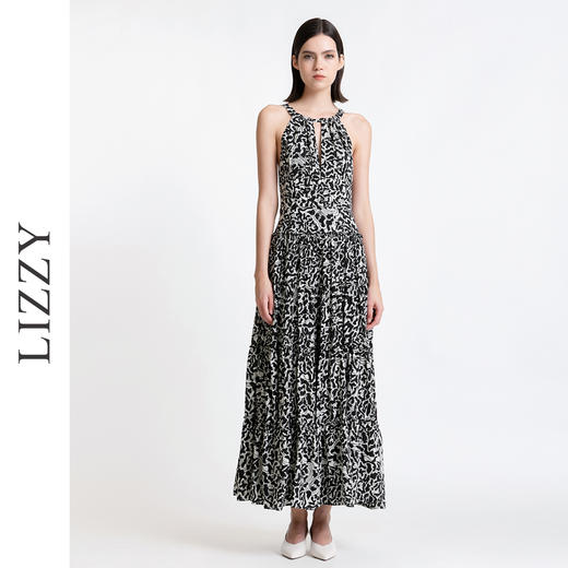 LIZZY 时尚优雅露肩印花收腰显瘦大摆度假风连衣裙7820 商品图0