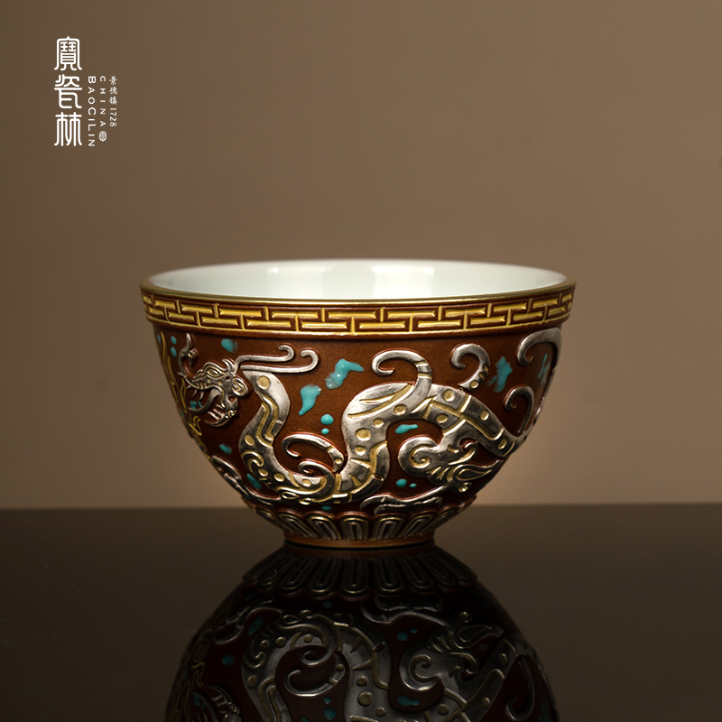 古铜彩错金银双龙戏珠杯