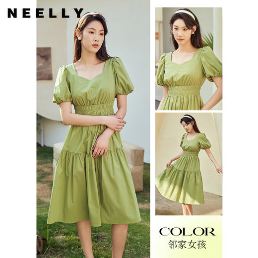NEELLY纳俪法式泡泡袖连衣裙女中长款打缆收腰显瘦大摆A字裙夏季N23044Y05502 商品图3