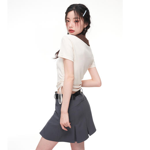 西遇美式T恤女2023年夏季新款修身显瘦纯欲抽绳短款辣妹正肩上衣D0830403 商品图3