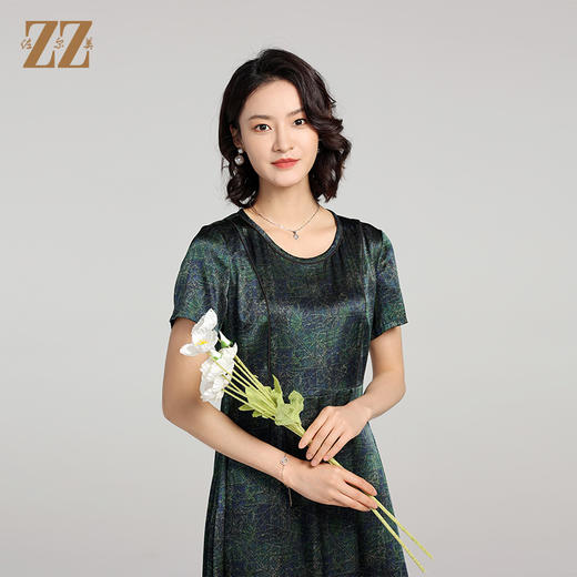 夏季新款 弹力缎印花桑蚕丝真丝短袖连衣裙女E22LS84 商品图0