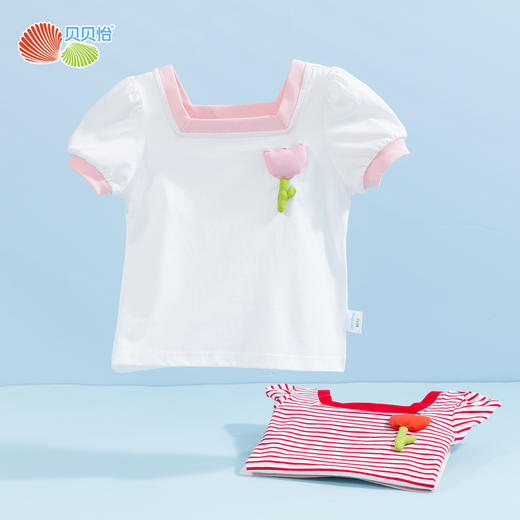 贝贝怡女童短袖立体小花T恤夏季新款中小童条纹纯棉宽松儿童上衣 商品图11