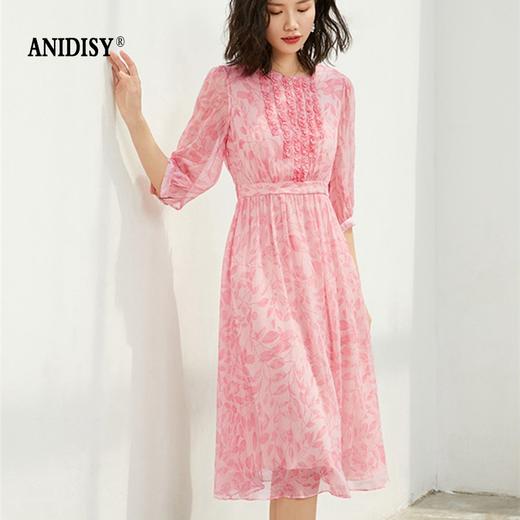 木耳边圆领中袖印花真丝连衣裙 商品图1