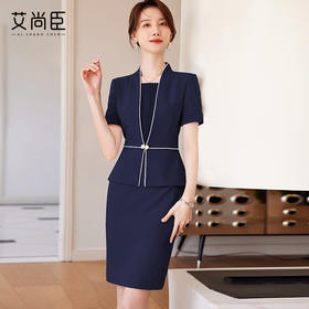艾尚臣短袖职业洋装女薄夏修身显瘦藏青上班服中长裙子前台接待