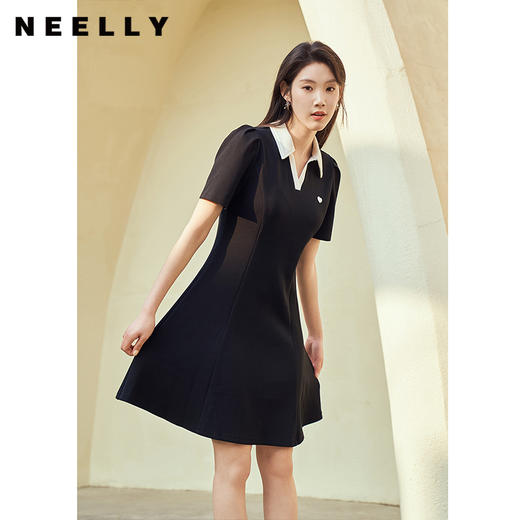 NEELLY纳俪夏季学院风黑色连衣裙女修身显瘦POLO领A字裙小个子潮N23044Y05510 商品图3