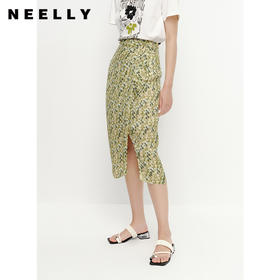 NEELLY纳俪商场同款夏季高腰碎花半身裙女中长款包臀前开叉一步裙N23051E01131