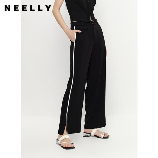 NEELLY纳俪商场同款黑色通勤西装裤女撞色竖条阔腿休闲裤百搭新款N23051H01135 商品图0