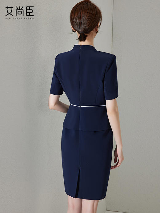 藏青色假两件连衣裙女夏职业装高端案场客服工作服通勤套装包臀裙 商品图4