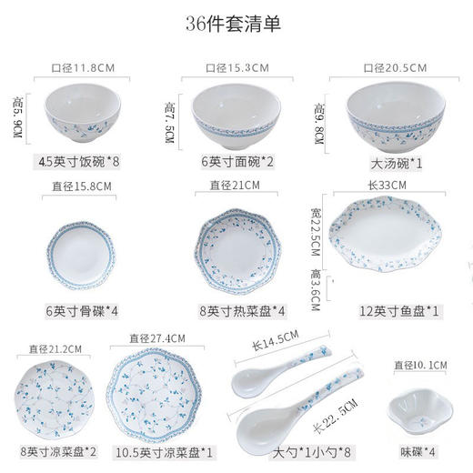 【餐具清仓特惠5折】雷澳娜/REONE釉中骨瓷碗碟套装家用餐具 繁花似锦8人用36头中餐具 商品图0