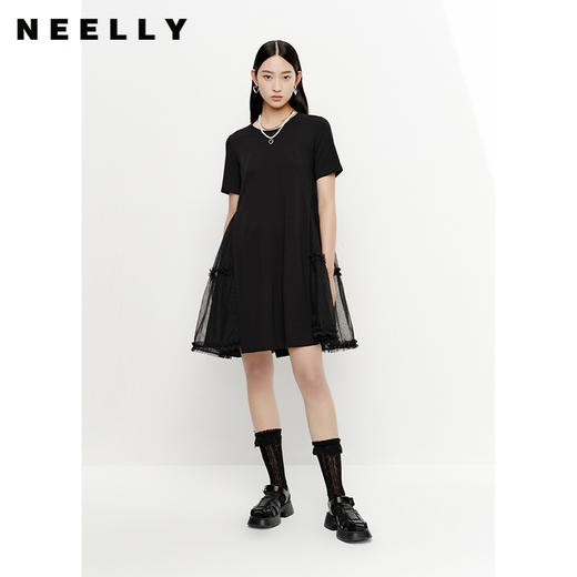 NEELLY纳俪商场同款夏季圆领套头连衣裙女网纱拼接大摆裙时尚百搭N23051Y01121 商品图1
