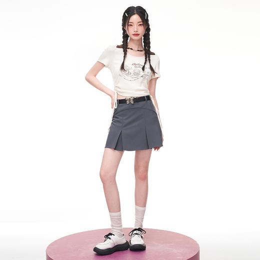 西遇美式T恤女2023年夏季新款修身显瘦纯欲抽绳短款辣妹正肩上衣D0830403 商品图1