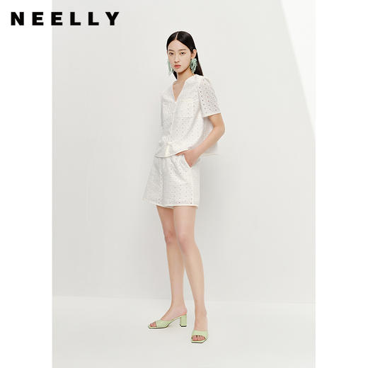 NEELLY纳俪商场同款夏季新款气质V领短袖衬衫女阔腿短裤时尚套装N23051Z01140 商品图1