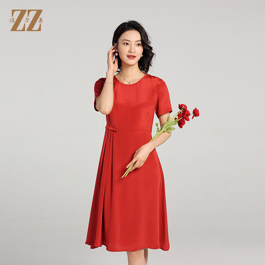 佐尔美夏季新款 重绉100%桑蚕丝真丝短袖连衣裙女E22LS86 商品图0