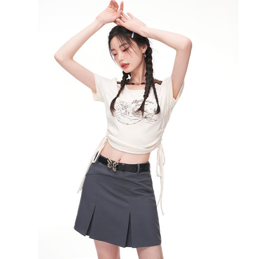 西遇美式T恤女2023年夏季新款修身显瘦纯欲抽绳短款辣妹正肩上衣D0830403 商品图2