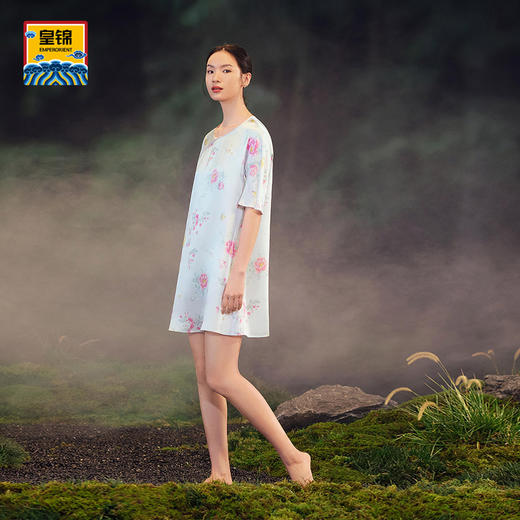 【皇锦】真丝印花五分短袖睡裙 商品图1