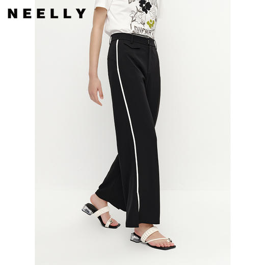 NEELLY纳俪商场同款黑色通勤西装裤女撞色竖条阔腿休闲裤百搭新款N23051H01135 商品图2