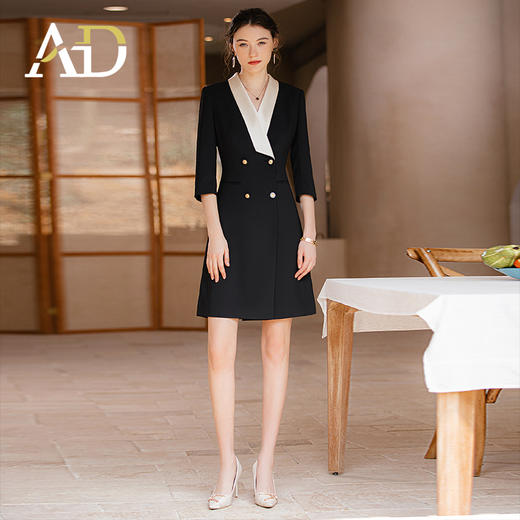 AD高级感香槟色接拼领醋酸连衣裙双排扣西装裙 商品图2