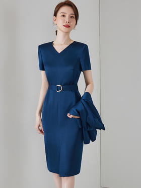 蓝色职业装连衣裙女夏气质修身包臀裙高端商务短袖正装裙子工作服