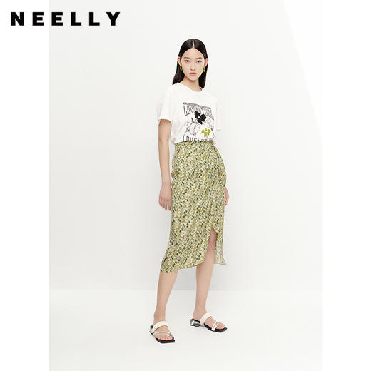 NEELLY纳俪商场同款夏季高腰碎花半身裙女中长款包臀前开叉一步裙N23051E01131 商品图3