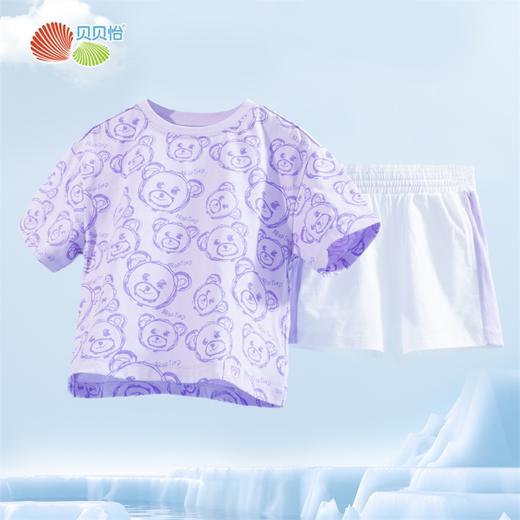 贝贝怡童装印闪粉小熊满印T恤套装女童夏季运动风短袖短裤2件套 商品图6