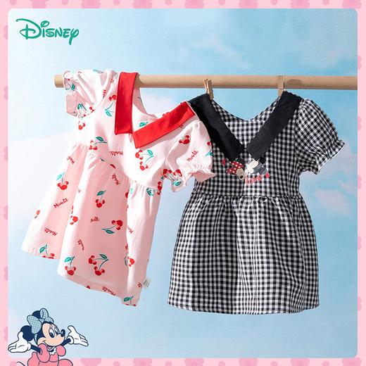 迪士尼童装女童短袖连衣裙轻甜风小公主米妮格子泡泡袖纯棉花裙子 商品图5