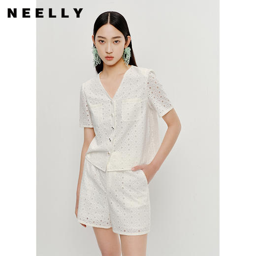 NEELLY纳俪商场同款夏季新款气质V领短袖衬衫女阔腿短裤时尚套装N23051Z01140 商品图0