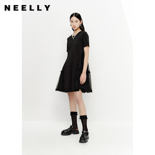 NEELLY纳俪商场同款夏季圆领套头连衣裙女网纱拼接大摆裙时尚百搭N23051Y01121 商品图2