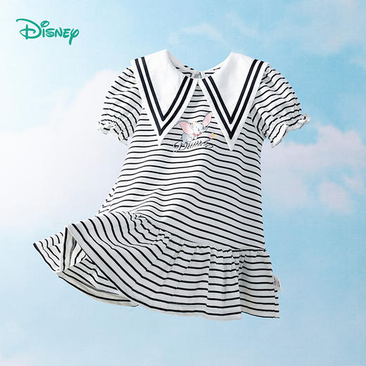 【商场同款】迪士尼童装女童短袖连衣裙洋气中大童条纹荷叶边翻尖领小飞象裙子 商品图6
