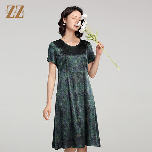夏季新款 弹力缎印花桑蚕丝真丝短袖连衣裙女E22LS84 商品图1