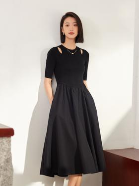 针织拼接小黑群收腰连衣裙