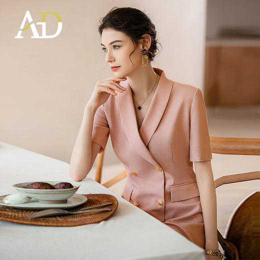 AD夏季粉色职业连衣裙女气质通勤OL西装裙百搭双排扣主持人正装裙 商品图2