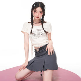 西遇美式T恤女2023年夏季新款修身显瘦纯欲抽绳短款辣妹正肩上衣D0830403
