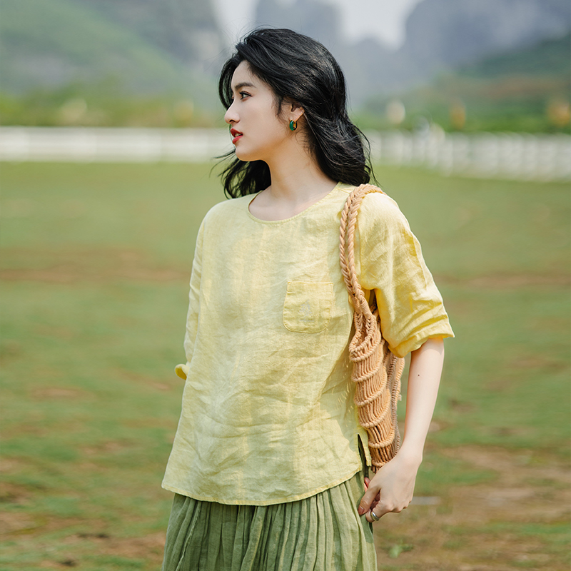 绽放246朵/多色亚麻口袋设计文艺小衫