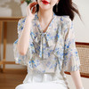 KQL E216N3792碎花雪纺衫时尚气质喇叭袖小衫 商品缩略图1