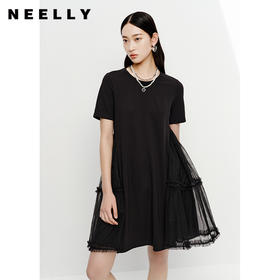NEELLY纳俪商场同款夏季圆领套头连衣裙女网纱拼接大摆裙时尚百搭N23051Y01121