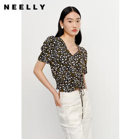 NEELLY纳俪商场同款V领短袖碎花衬衫女抽绳显瘦别致上衣夏季新款N23042R01043