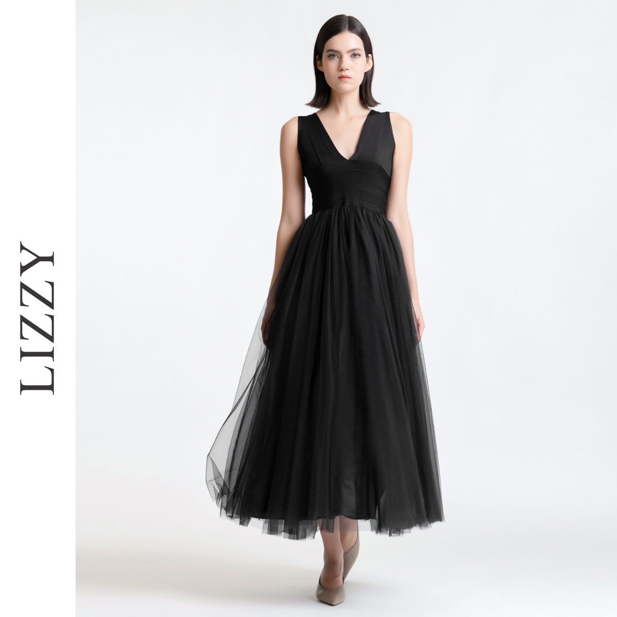 LIZZY 法式优雅性感V领中长款网纱A字收腰名媛范礼服连衣裙7018