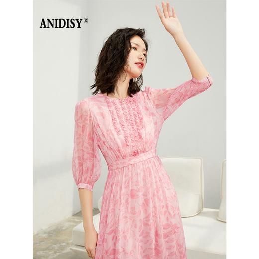 木耳边圆领中袖印花真丝连衣裙 商品图3