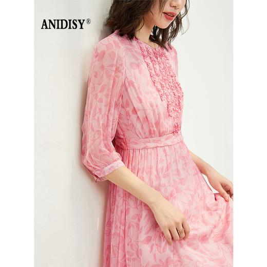 木耳边圆领中袖印花真丝连衣裙 商品图0