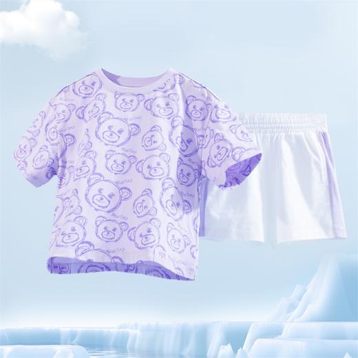 贝贝怡童装印闪粉小熊满印T恤套装女童夏季运动风短袖短裤2件套 商品图3