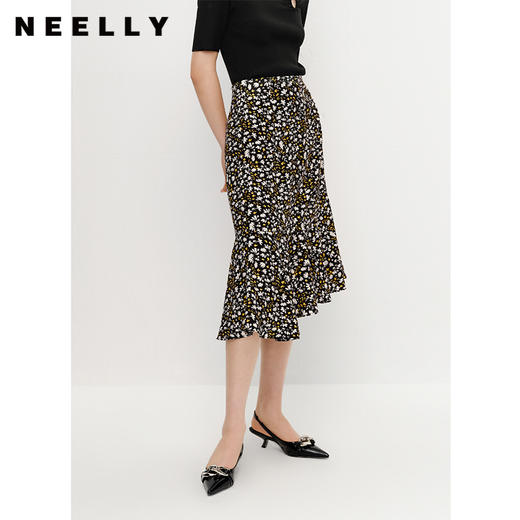 NEELLY纳俪商场同款优雅碎花半身裙女不规则包臀A字裙中长款夏季N23042E01065 商品图0
