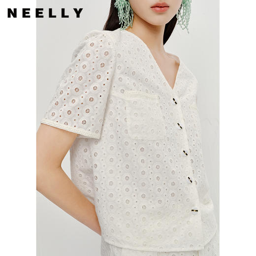 NEELLY纳俪商场同款夏季新款气质V领短袖衬衫女阔腿短裤时尚套装N23051Z01140 商品图2