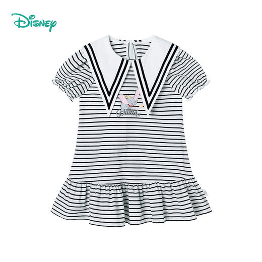【商场同款】迪士尼童装女童短袖连衣裙洋气中大童条纹荷叶边翻尖领小飞象裙子 商品图2