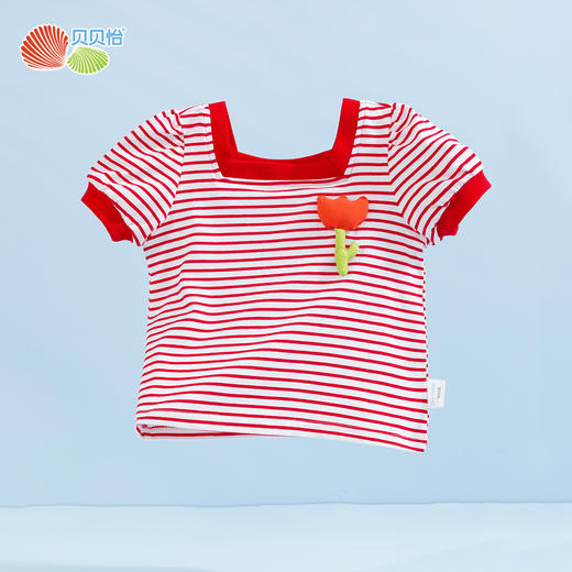 贝贝怡女童短袖立体小花T恤夏季新款中小童条纹纯棉宽松儿童上衣 商品图4